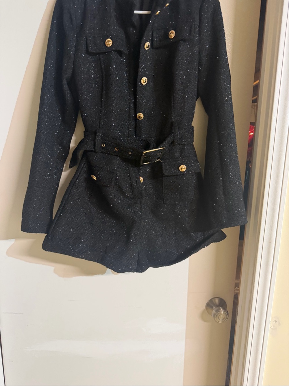 Fashion Nova Black Glitter Belted Trench Romper with Gold Buttons